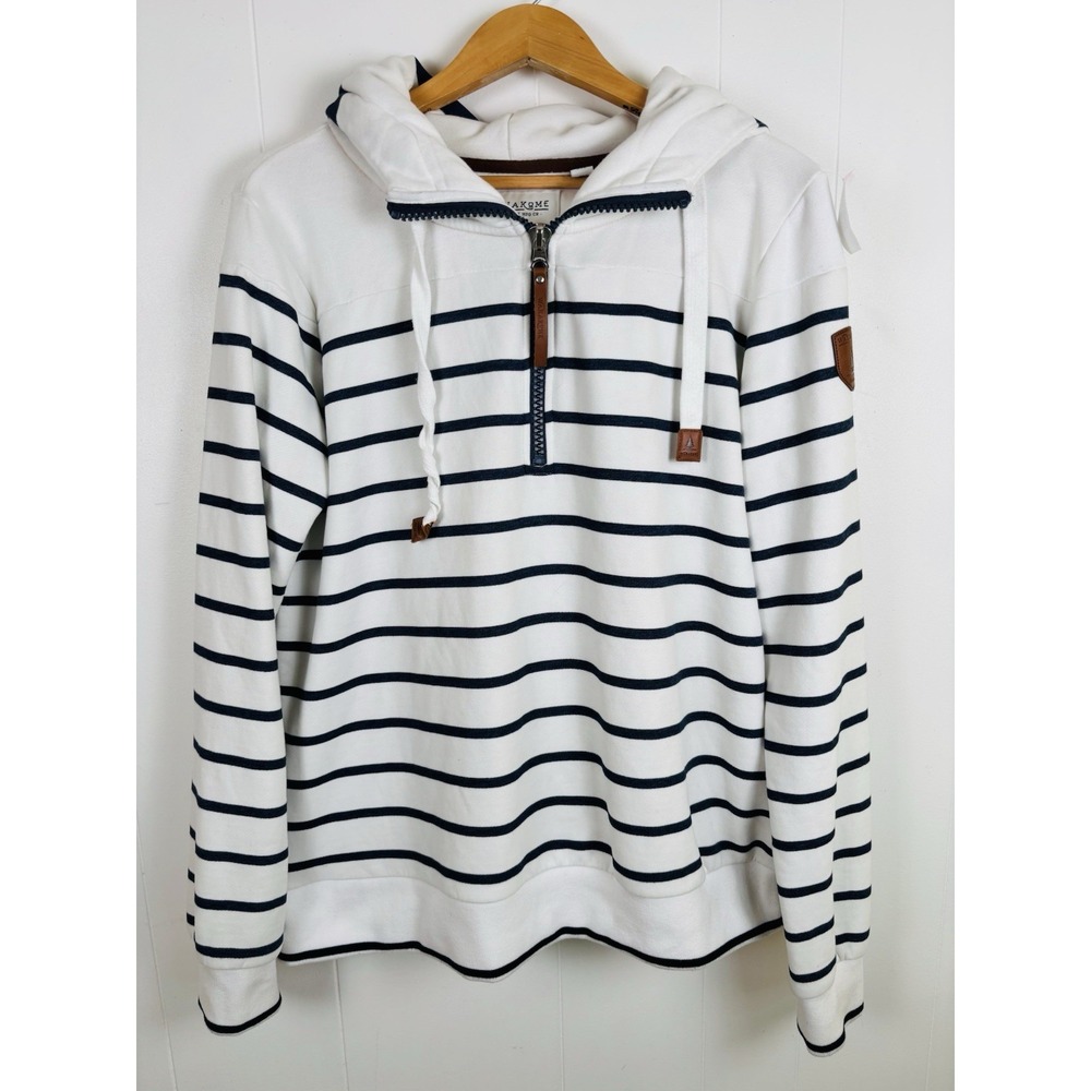 Wanakome Canada Hoodie XXL White Navy Blue Striped Nautical 1/4 Zip Pullover